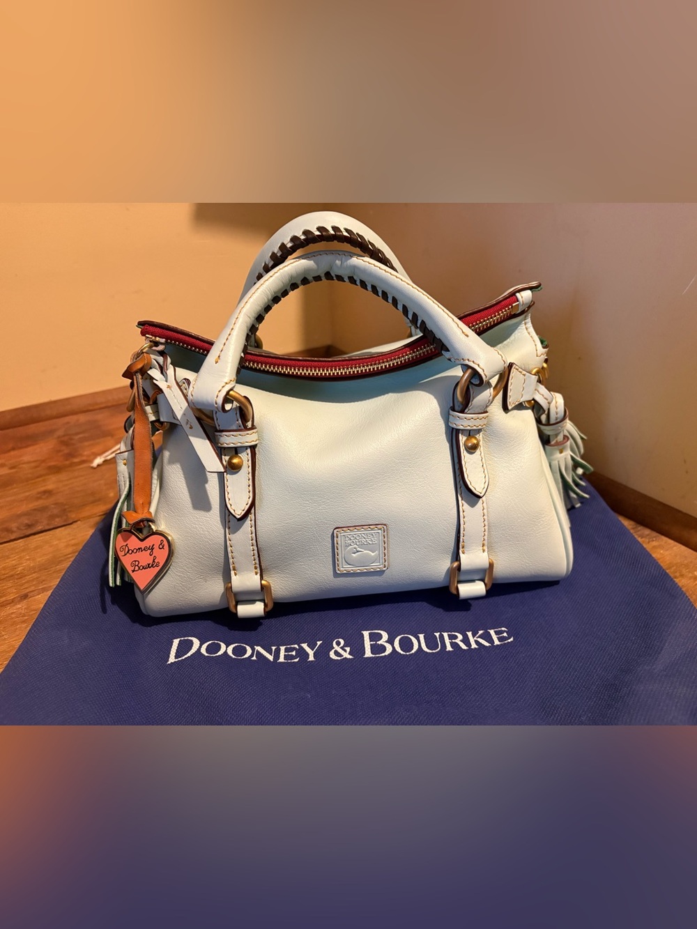 Dooney & Bourke Pale Blue Florentine Satchel & Pink Dooney Heart Keychain
